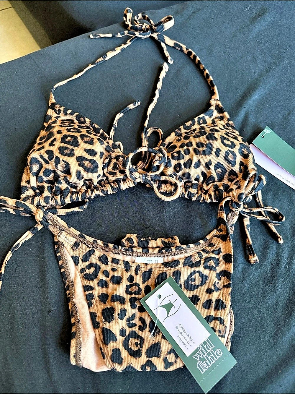 Wild Fable Leopard Print Ribbed Triangle Bikini Top and Bottom Set